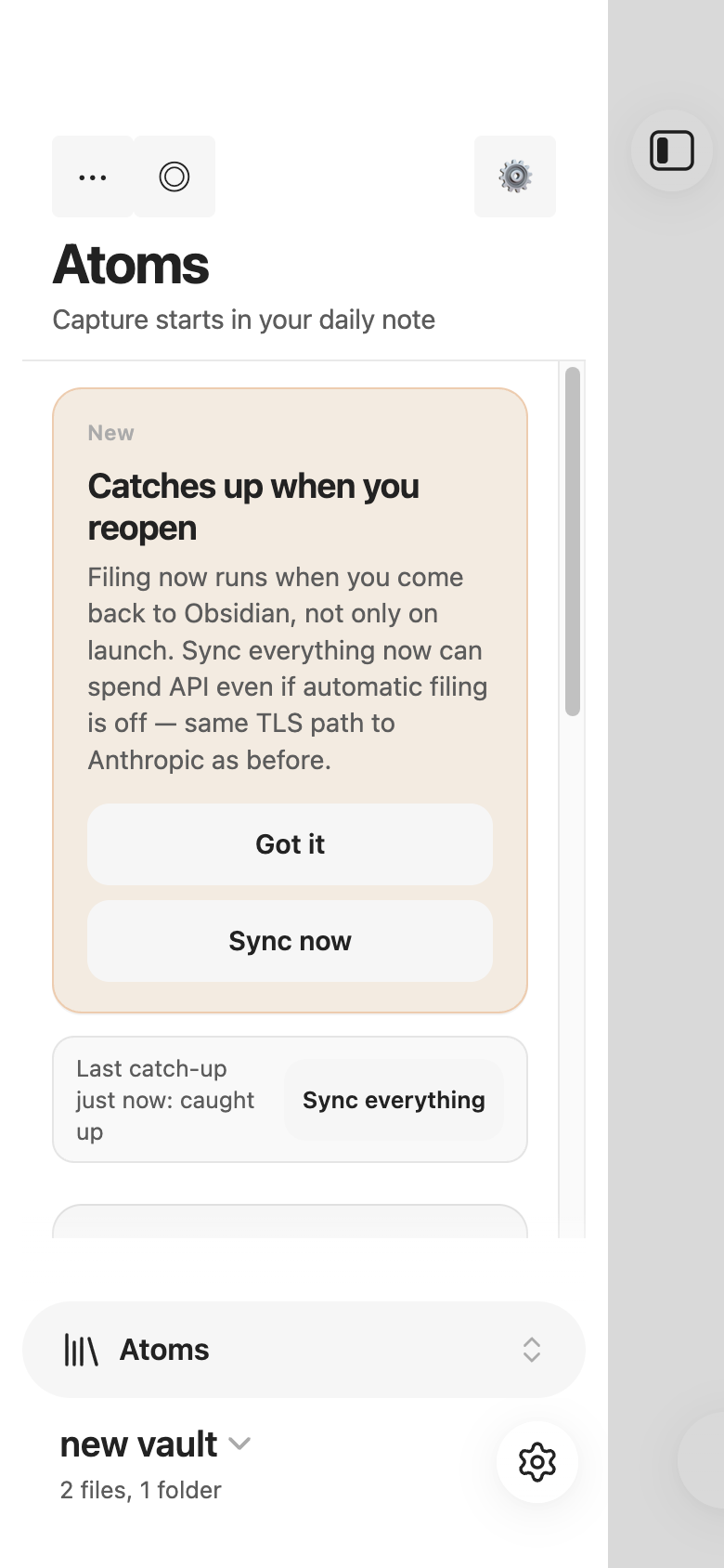Atoms open in Obsidian's left sidebar on a phone, with the view picker at the bottom of the drawer showing Atoms selected